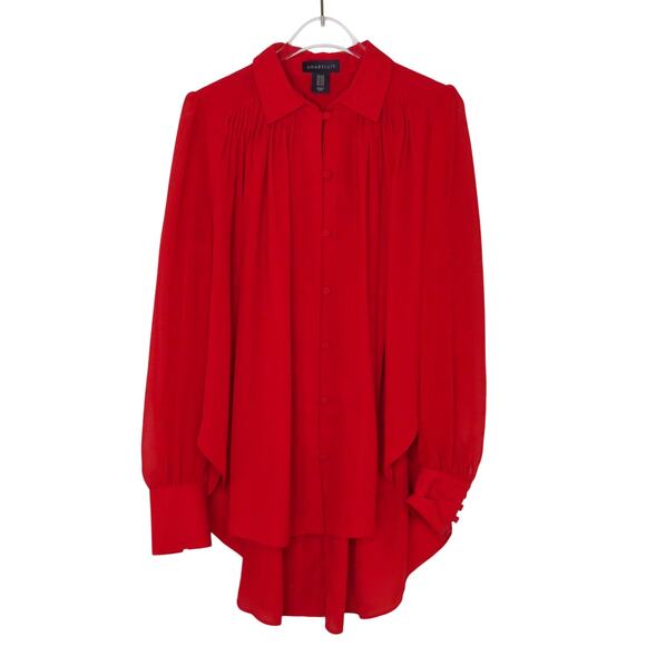 Amaryllis Red Long Sleeve Button Down Blouse Flowy Top Small Medium - Picture 5 of 6